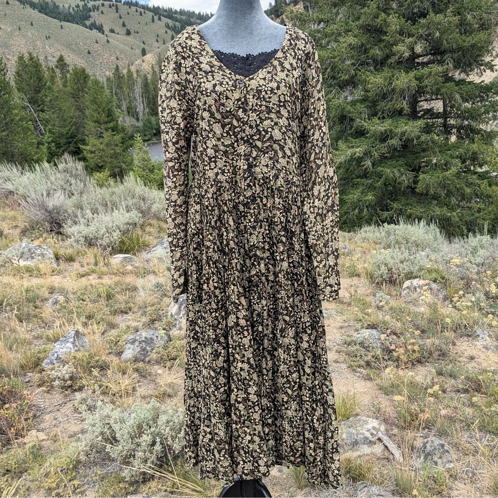 Vintage 90s Dark Floral Maxi Dress S Cotton Voile Fairy Grunge Button Front Lace